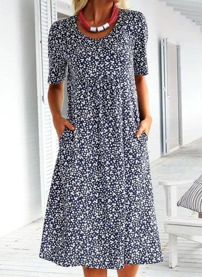 🎁Casual Γυναικείο Floral Round Neck Φόρεμα (8 χρώματα με τσέπες)