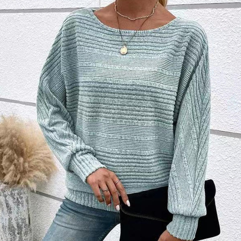 ✨【S-3XL】Egyszínű, kerek nyakú, csíkos felső hosszú ujjakkal-3