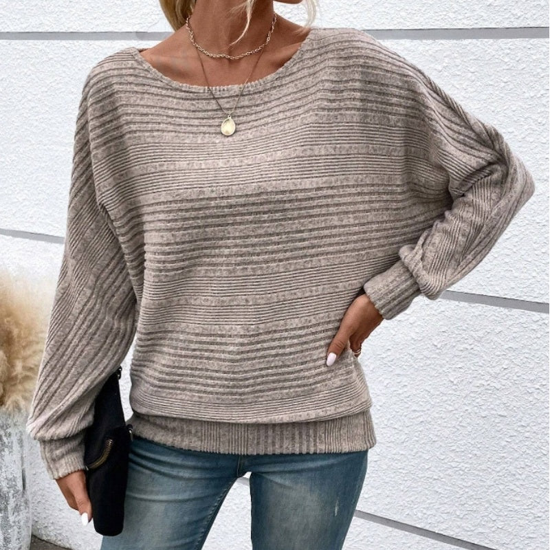 ✨【S-3XL】Egyszínű, kerek nyakú, csíkos felső hosszú ujjakkal-5
