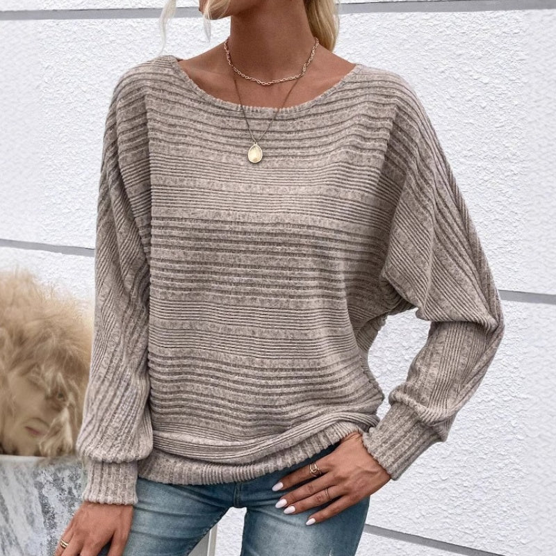 ✨【S-3XL】Egyszínű, kerek nyakú, csíkos felső hosszú ujjakkal