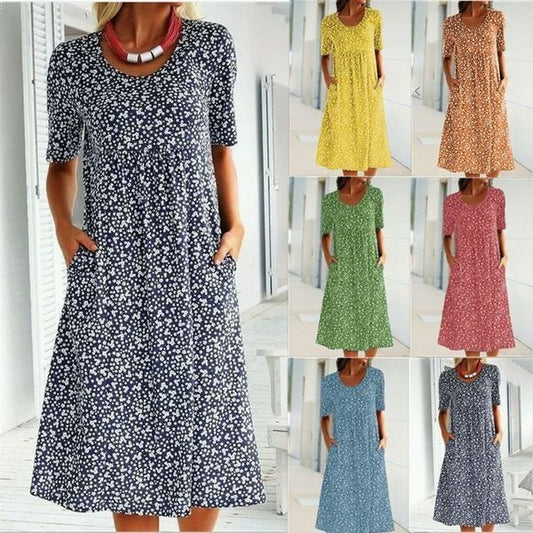 🎁Casual Γυναικείο Floral Round Neck Φόρεμα (8 χρώματα με τσέπες)