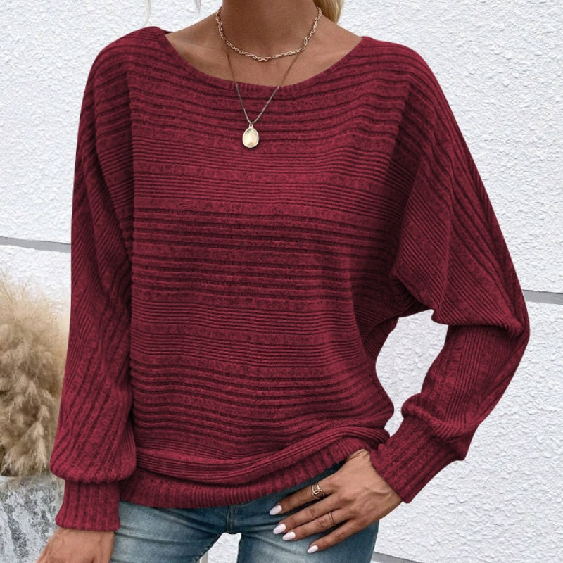 ✨【S-3XL】Egyszínű, kerek nyakú, csíkos felső hosszú ujjakkal-1