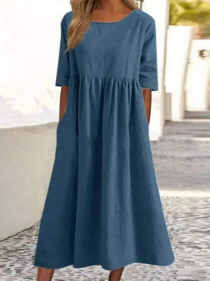 【S-5XL】👗Βαμβακερό φόρεμα με στρογγυλή λαιμόκοψη και τσέπες