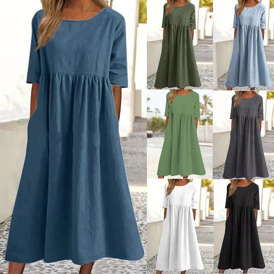 【S-5XL】👗Βαμβακερό φόρεμα με στρογγυλή λαιμόκοψη και τσέπες