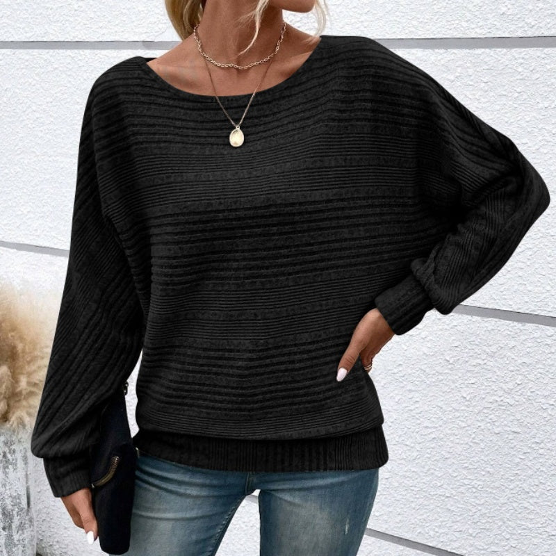 ✨【S-3XL】Egyszínű, kerek nyakú, csíkos felső hosszú ujjakkal-2