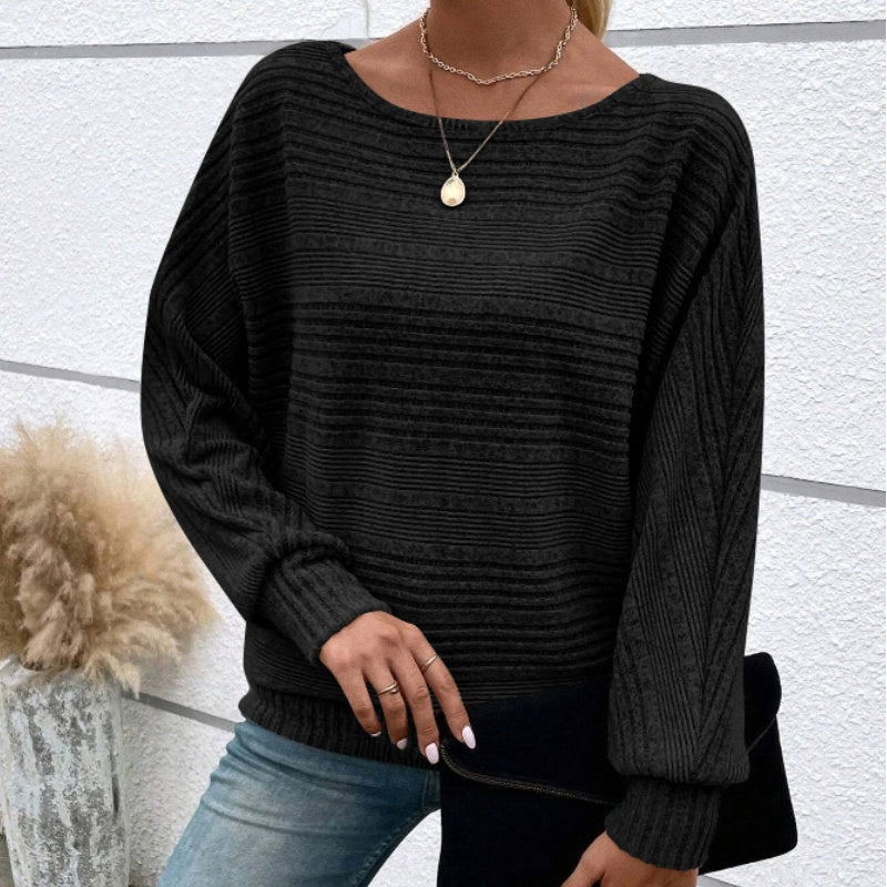 ✨【S-3XL】Egyszínű, kerek nyakú, csíkos felső hosszú ujjakkal-4