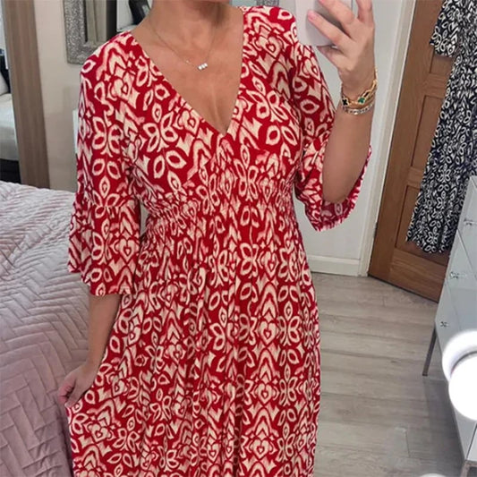 【S-5XL】🌸Μακρύ φόρεμα με V-print