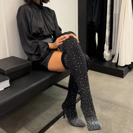 👠 ΓΥΝΑΙΚΕΊΑ SPARKLY FAUX DIAMONDS KNEE HIGH BOOTS