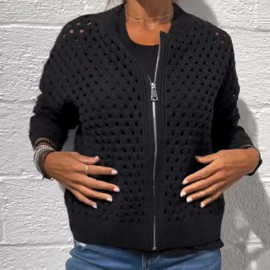 Women's Casual φερμουάρ πλεκτό σακάκι με κοίλο σχέδιο