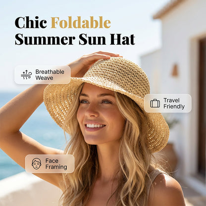 👒Női kézzel szőtt széles karimájú szalmakalap | UPF 50+ napvédelem☀️✨