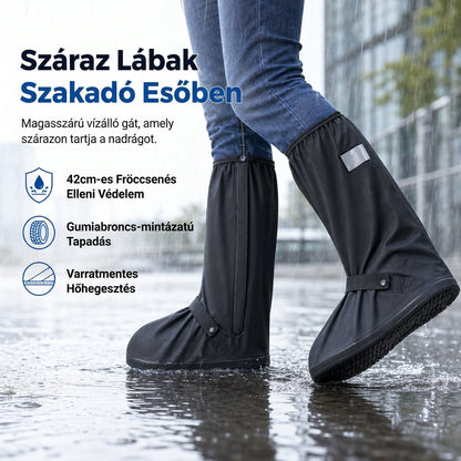 🌧️🔥Magas szárú vízálló esőcsizma-huzat – Csúszásgátló talp, fényvisszaverő csík, 42 cm magas kivitel✨