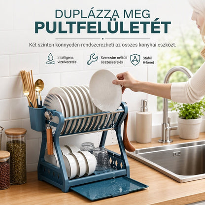 🍽️Többrétegű konyhai edényszárító állvány és evőeszköztároló rendező acélvázzal